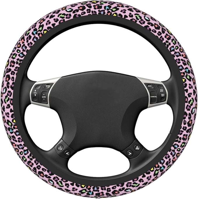 Pink Leopard Print Neoprene Steering Wheel Cover for Men Women Anti-Slip Elastic Steering Wheel Protective Cover 15in Universal Car Accessories Fit Cars, SUVs, Auto