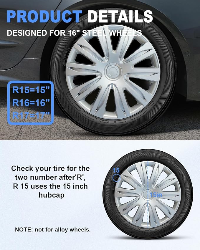 Hubcaps,15 inch hubcaps Set of 4, Wheel Rim Cover ABS Material, Snap On Car Truck SUV Replacement, for Toyota Camry Nissan Mazda etc, Silver