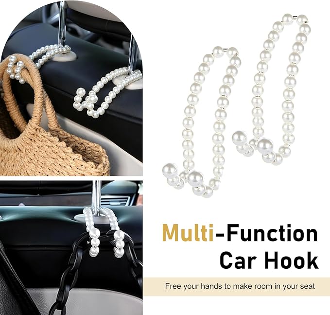 2 PCS Car Bag Hooks, Purse Hook for Car, Pearl Seat Backrest Storage Hook, Cute Auto Interior Decoration Headrest Hanger for Women Girls (White)