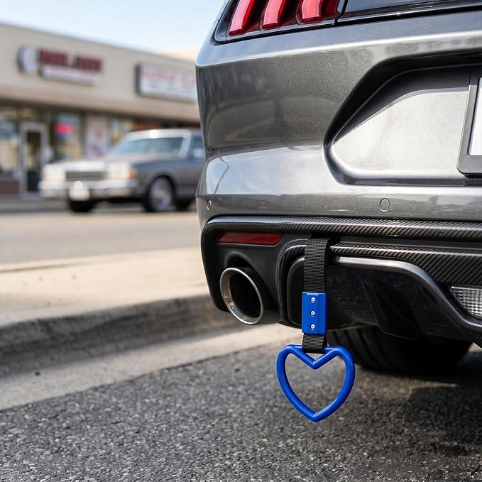 2 Pcs Heart Shaped Car Handle Strap – JD M Drift Charm Rear Bumper Warning Ring Decor for Car Interior Exterior, Subway Bus Handle Accessory, Cute Heart Car Decor Gift for Drivers (Blue)