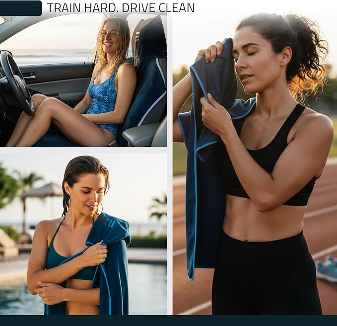 3-in-1 Multipurpose Towel - Bath Towels and Waterproof Car Seat Protector, Absorbent Gym Towel Cover After Workout for Yoga, Swimming, Camping, Beach - Microfiber Cover & Car Accessories - Blue