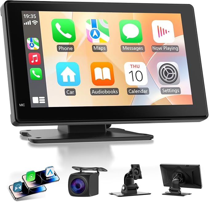 Portable CarPlay Screen for Apple CarPlay & Android Auto, 7 Inch Wireless Car Stereo Touchscreen with Bluetooth, GPS Navigation, Voice Control, Backup Camera Support for All Vehicles