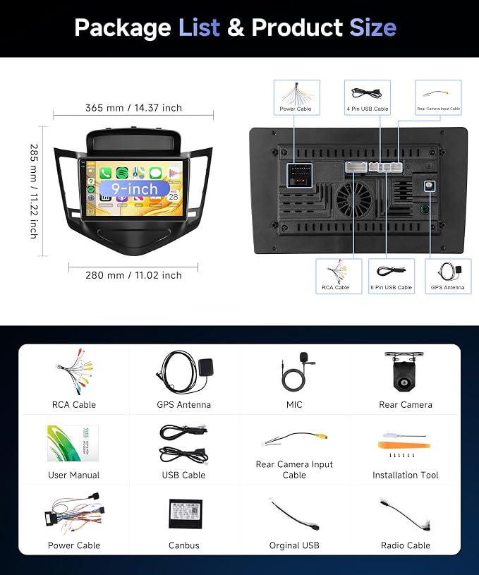4Core 4G+64G Android Car Radio Stereo for Chevrolet Chevy Cruze 2009-2015, Wireless Carplay Android Auto, 5GWiFi+GPS, 9" Incell Touch Screen, Mirror Link, Backup Camera, Bluetooth, FM/RDS/EQ/USB/SWC