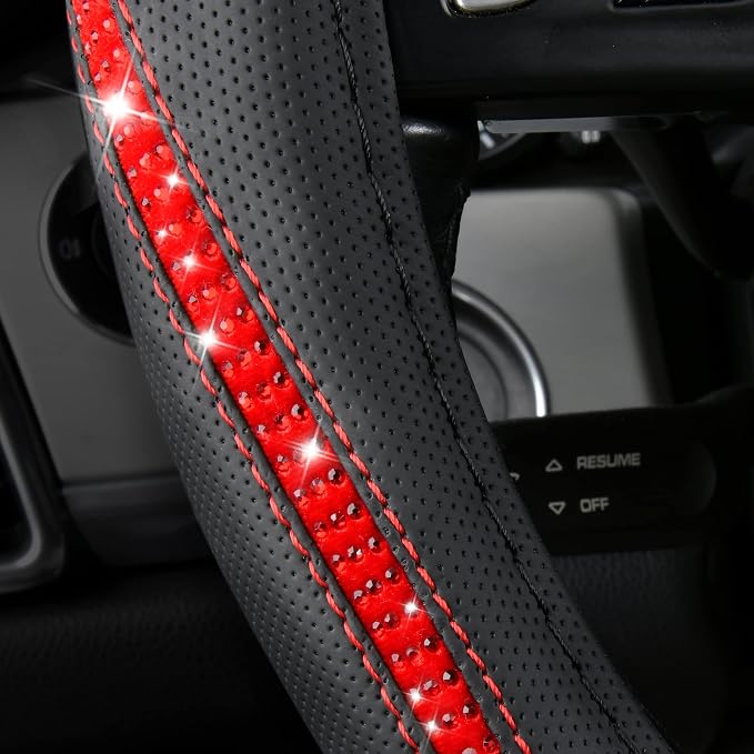 Bling Diamond Black Leather Steering Wheel Cover, Studded Crystal Rhinestones Universal Fit 14" 1/2-15" Glitter for Women Sparkle Girl Fit Suvs,Vans,Sedans,Car,Trucks, Red Diamond