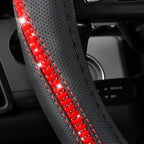 Bling Diamond Black Leather Steering Wheel Cover, Studded Crystal Rhinestones Universal Fit 14" 1/2-15" Glitter for Women Sparkle Girl Fit Suvs,Vans,Sedans,Car,Trucks, Red Diamond