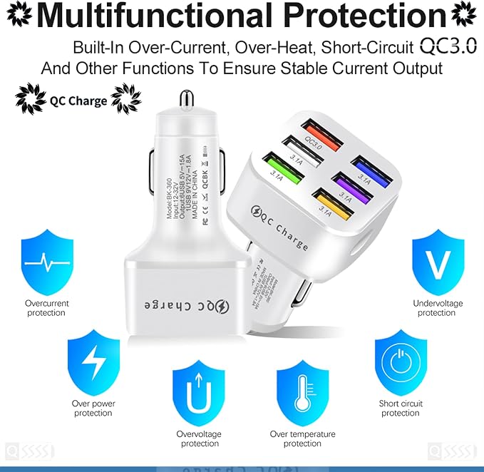 Car Charger Adapter, 6 USB Multi Port, Fast Charger, Include QC 3.0 and 5 Other Ports, Car Interior Accessories, Fit for iPhone 17/16/15/14/13Pro Max, Samsung, Android (White 1pc)