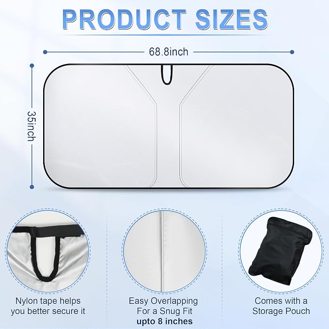 300T Universal Car Windshield Sun Shade, Foldable Reflective for Windshield & Window Shades with Overlapping Design, Car Interior Accessories (68.8" L x 35" W)