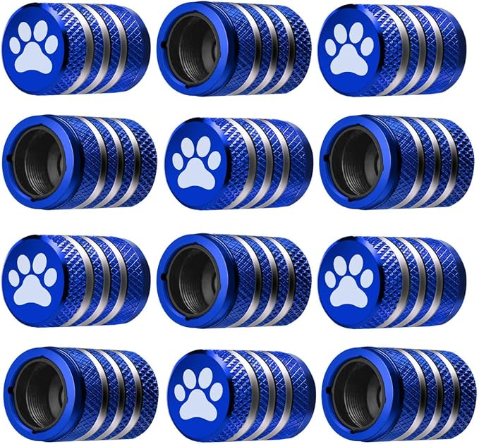 Tire Valve Stem Caps Cover - (12 Pack) Tire Air Caps Metal with Plastic Liner Corrosion Resistant Leak-Proof Dog Paw Print for Car Truck Motorcycle Bike Blue