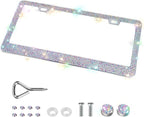 Bling License Plate Frames for Women, Sparkly Rhinestone Diamond Car Accessories with Glitter Crystal Caps (1 Pack Colorful)