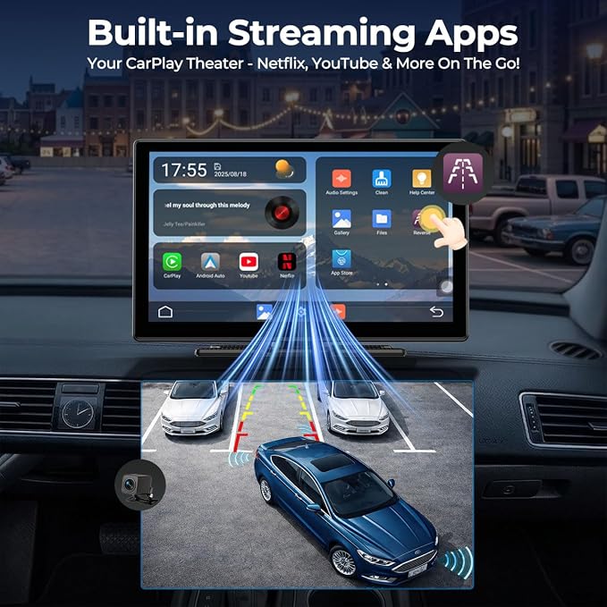 LAMTTO 9" Apple CarPlay Screen with Backup Camera & Streaming Apps | Portable 9-inch display for safer parking, preloaded Netflix YouTube & Bluetooth audio for on-the-go entertainment