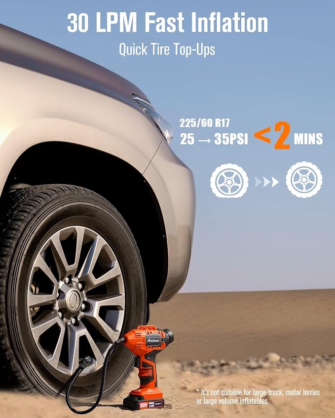 Tire Inflator Portable Air Compressor, 20V Cordless Rechargeable Battery Tire Pump w/ 12V Car Power Adapter, Digital Pressure Gauge, Auto Air Pump for Many Inflatables (Orange)