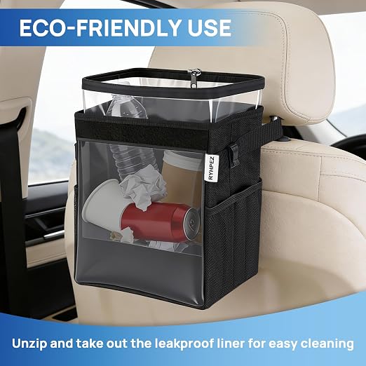 Car Trash Can with See Through Window, Clear Black Multipurpose Car Organizer Storage with Removable Liner, Leakproof Car Garbage Container for Vehicles, SUV, Truck (2.1Gallon/8L)