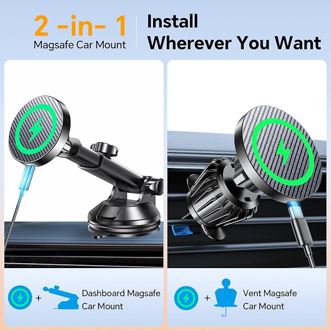 for MagSafe Car Mount Charger【Ultra Magnet】 Magnetic Phone Holders for Your Car Charger【Windshield+Vent+Dash】 Magnetic Wireless Car Phone Holder Charger Car Mount for iPhone 17 (Carbon Fiber)
