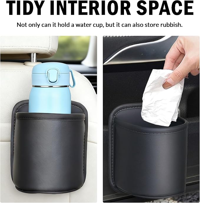 2 Pack Extra Cup Holder for Car, Clip-On Car Door Cup Holder Organizer, PU Leather Car Drink Holder for Small Bottle Coffee Cup Phone Keys Cards, Automotive Seat Pocket Storage, Black