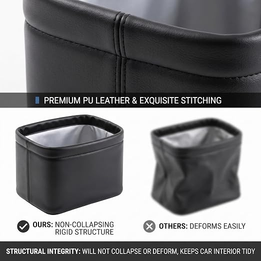 Leather Car Trash Can, Waterproof Leakproof Car Garbage Bin with Structured Base, Collapsible PU Auto Organizer for Front/Back Seat, Auto Accessories for SUV Truck Travel