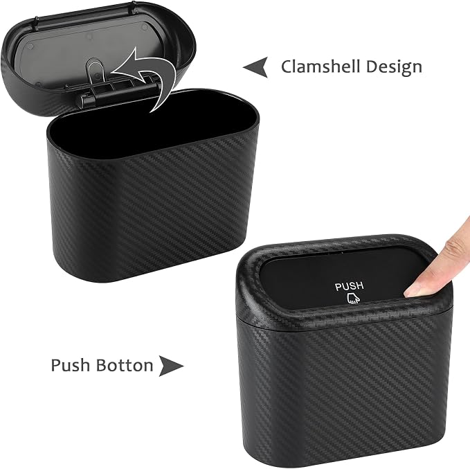 Car Trash Can with Lid, Mini Vehicle Trash Bin Portable Car Dustbin Garbage Organizer Holder with One Roll Trash Bag, Small Hanging Leakproof Auto Storage Bag Container (Carbon Fiber)