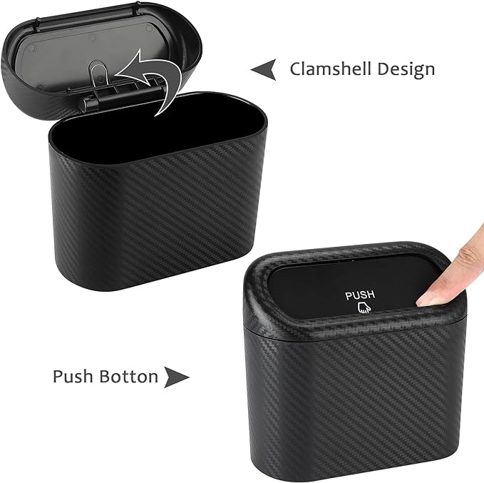 Car Trash Can with Lid, 2 Pack Mini Vehicle Trash Bin Car Dustbin Garbage Organizer Holder with Trash Bag, Small Hanging Leakproof Auto Storage Bag Container (Carbon Fiber)