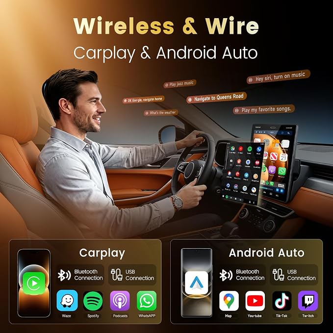9.5'' Single Din Car Stereo with Wireless CarPlay Android Auto,HD IPS Adjustable Screen Vertical Radio with Bluetooth, USB, Mirror Link, SWC, Bluetooth, Car Play, FM/AM/RDS Radio, Backup Camera