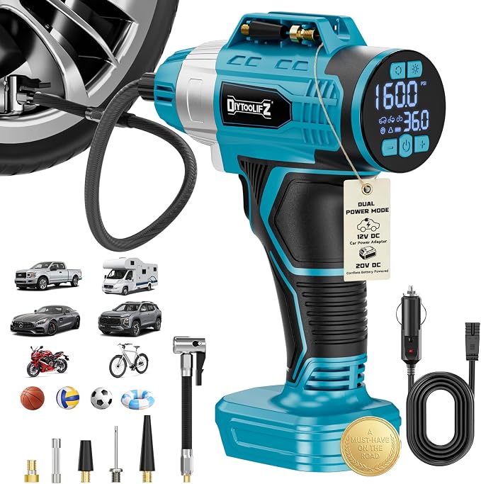 160PSI Cordless Tire Inflator Compatible with Makita 18V Battery, DC 12V Portable Air Compressor with Digital Pressure Gauge, 2X Faster Air Pump for Car, SUVs, Motor, Bike, Ball (Tool Only)