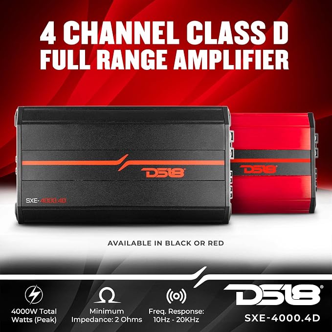 SXE-4000.4D/BK Car Amplifier Stereo Full-Range Class D 4-Channel 275x4 RMS @4 OHM 4000 Watts - Powerful and Compact Amp for Speakers in Car Audio System