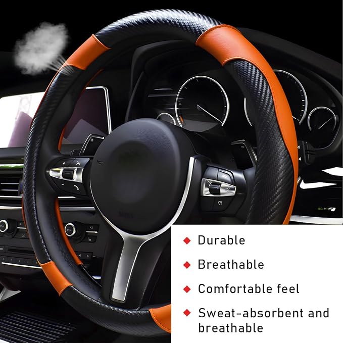 Car Steering Wheel Cover, 15 Inch Leather Breathable Auto Steering Wheel Protector, Comfortable Non-Slip Vehicle Steering Wheel Covers, Universal Car Accessories (Orange, with Lining)