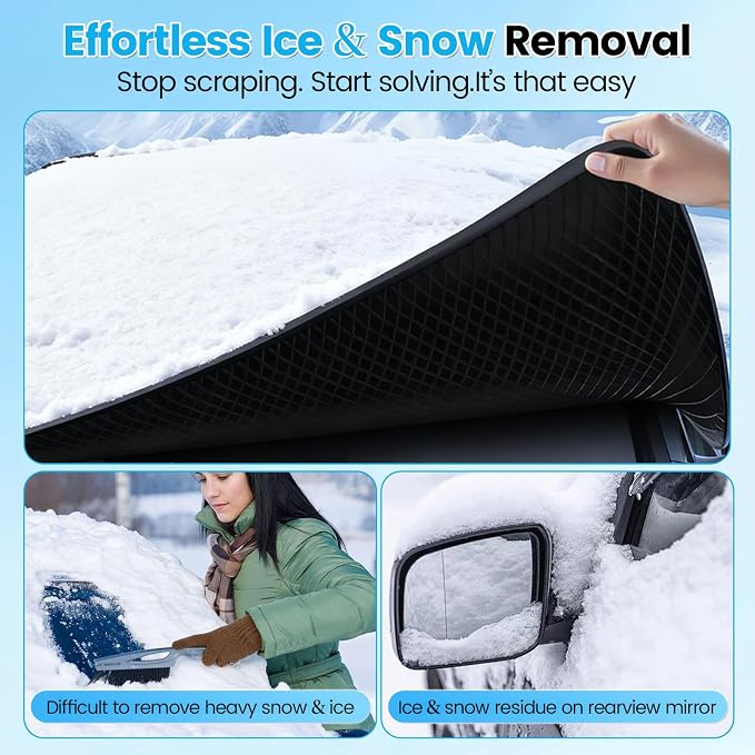 Windshield Cover for Ice and Snow - Heavy-Duty Winter Frost Guard with Side Mirror Pockets, Waterproof All-Weather Windproof Car Window Cover for Cars, Trucks, SUVs