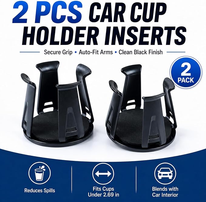 2pcs Car Cup Holder Insert,Black Cup Holder for Car,Cup Holder Expander,Cup Holder Insert Adapter for Car,Cupholder Insert for Car with Adaptive Clamping Arm for Fixing Water Bottles and Drinks