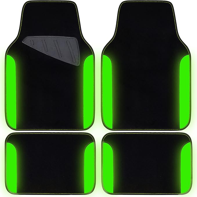 Fluorescent Leather & Waterproof Car Carpet Floor Mats, Universal Car Mats Fit for SUV,Vans,sedans, Trucks,Set of 4pcs Car Carpet with Anti-Slip nibbs Driver Heel Pad (Black Green Lime)