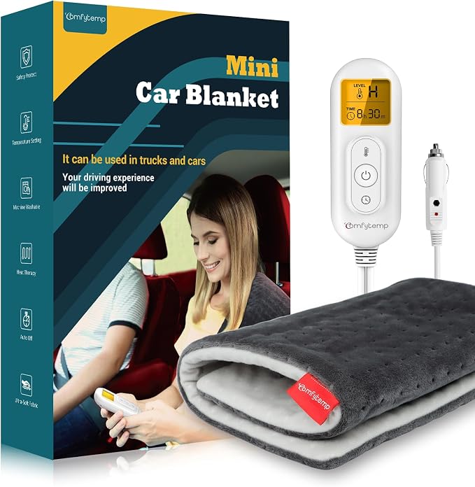 12V/24V Car Electric Blanket for Back, 4 Heat Settings, 11Auto-Off, Portable Mini Travel Blanket for Neck, Shoulders, Hip, Waist, Truck, SUV, 12" x 24" Washable for Drivers Women Men Winter
