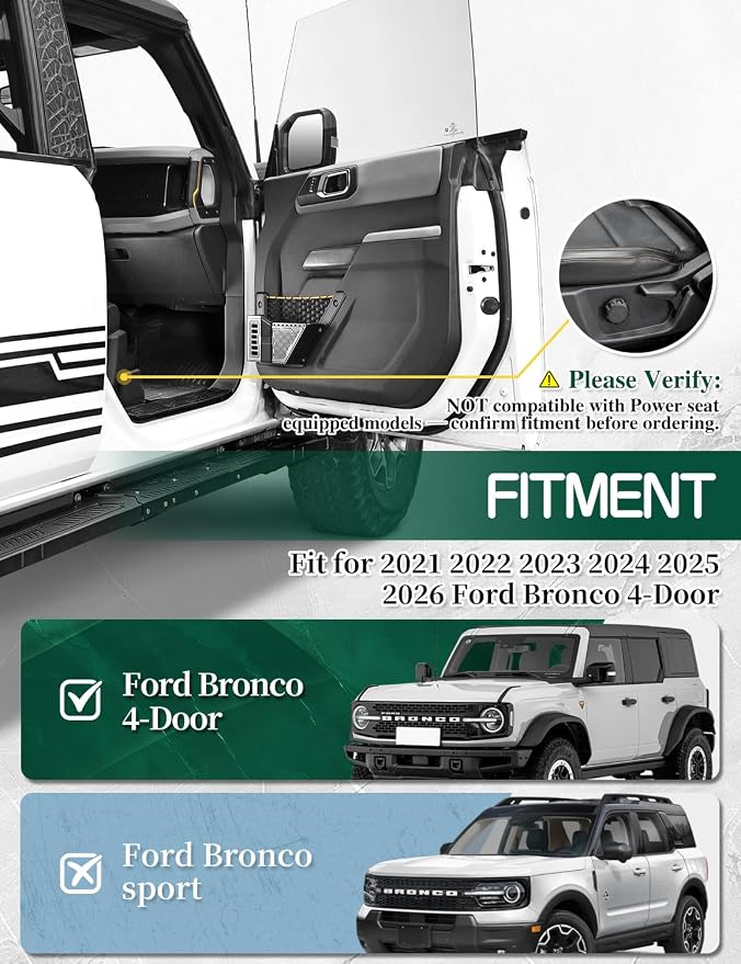 Carbon Fiber Door Storage Pockets for 2021-2026 Ford Bronco 2-Door 4-Door, Front Side Door Organizer, Bolt-On ABS Trim Panel, Not for Bronco Sport or Power Seats, 2-Pack