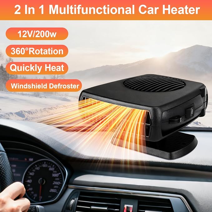 Car Heater 12V, 2 in 1 Portable Car Heater for Vehicle Fast Heating Quickly Defrost Defogger Demister Heat Cooling Fan Auto Dryer Windshield Defroster Plug in Cigarette Lighter (Black)