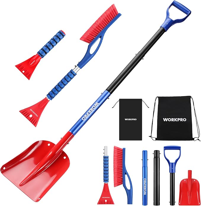 3-Piece Snow Removal Kit, 47" Detachable Snow Shovel, 27" 2-in-1 Ice Scraper & Snow Brush Tool, Separate Snow Scraper for Car, Truck, Driveway, and Winter Conditions, Storage Bag Included