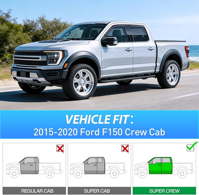 in-Channel Rain Guards for Ford F150 SuperCrew 2015 2016 2017 2018 2019 2020,Window Visors Vent Deflectors, Smoke Tinted, Wind & Rain Protection, Car Wash Safe – 4PCS