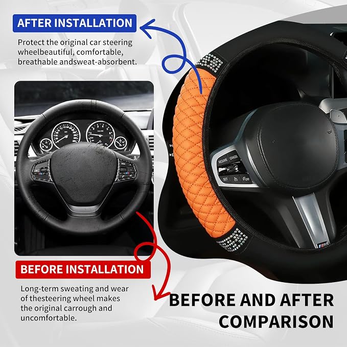 Bling Car Steering Wheel Cover, 15 Inch Rhinestones Soft Leather Elastic Steering Wheel Protector, Sparkly Crystal Diamond for Women, Car Interior Accessories for Most Cars (Orange)