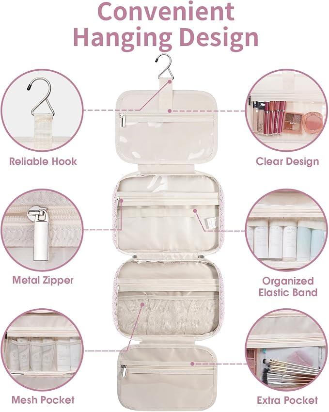 Travel Toiletry Bag for Women Large Hanging Makeup Bag Organizer Toiletries Bag for Full Size Essentials Accessories Cosmetics (Pink Flower Buds (Large))