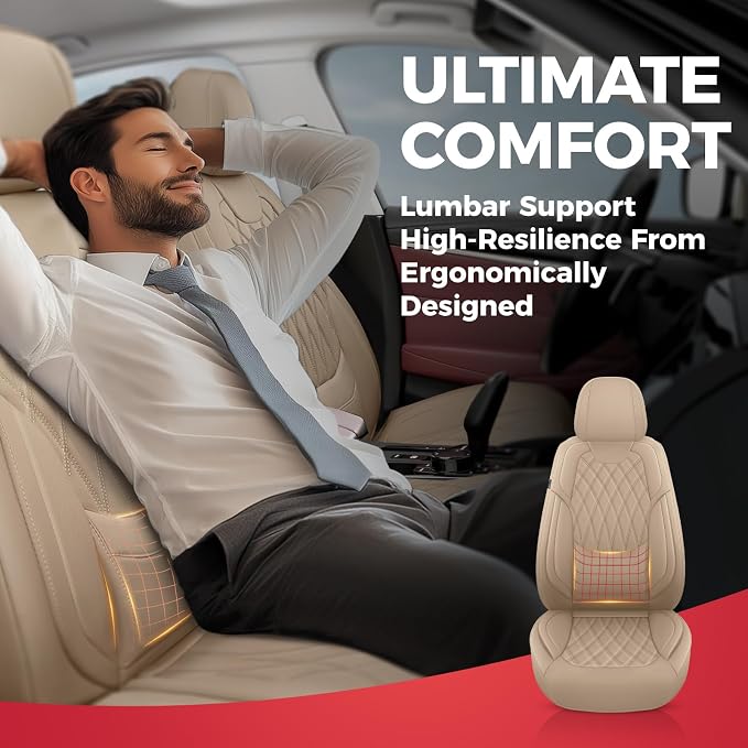 Beige Car Seat Cover Full Set - Faux Nappa Leather Seat Covers for Cars, Ultra Breathable Waterproof Front Seats Cushion Protectors with Lumbar Support, Universal Fit for Sedans SUVs Pickups
