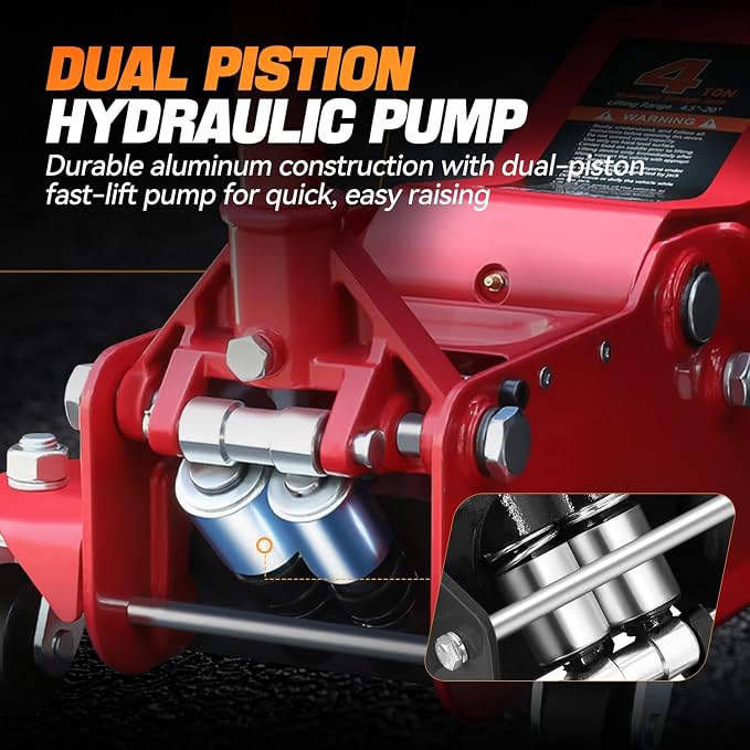 4 Ton Low Profile Floor Jack, Heavy Duty Steel Hydraulic Car Jack with Dual Pistons Quick Lift Pump, Hydraulic Racing Floor Jack, Lifting Range 4.5" to 20", Red