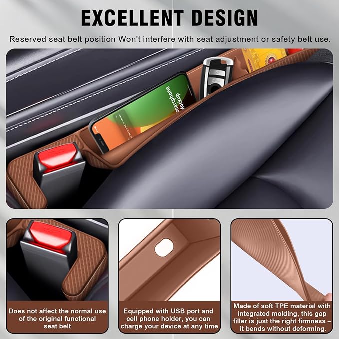 2PCS Car Seat Gap Filler, Automotive Seat Organizer Fill The Gap Between Seat and Console, Universal Car Storage Box Inserts Fill The Gap Between Seat &Console for Coins Wallets Keys (Brown)