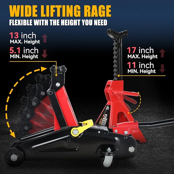 2 Ton Floor Jack with Jack Stands, Heavy Duty Steel Hydraulic Racing Floor Jack with Single Piston Quick Lift Pump, Hydraulic Trolley Service Car Jack, Red/Black