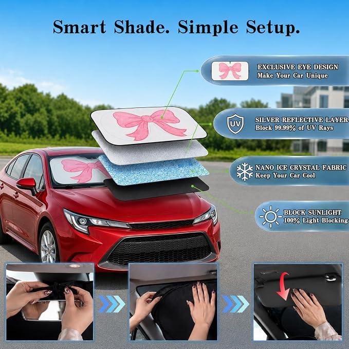 Car Windshield Sun Shade, Universal Fit Compact Sedan SUV, Watercolor Bow | 59 x 27.5" Car Sun Visor, Foldable Front Window Sunshade, UV Heat Protection, Girly Bow Series