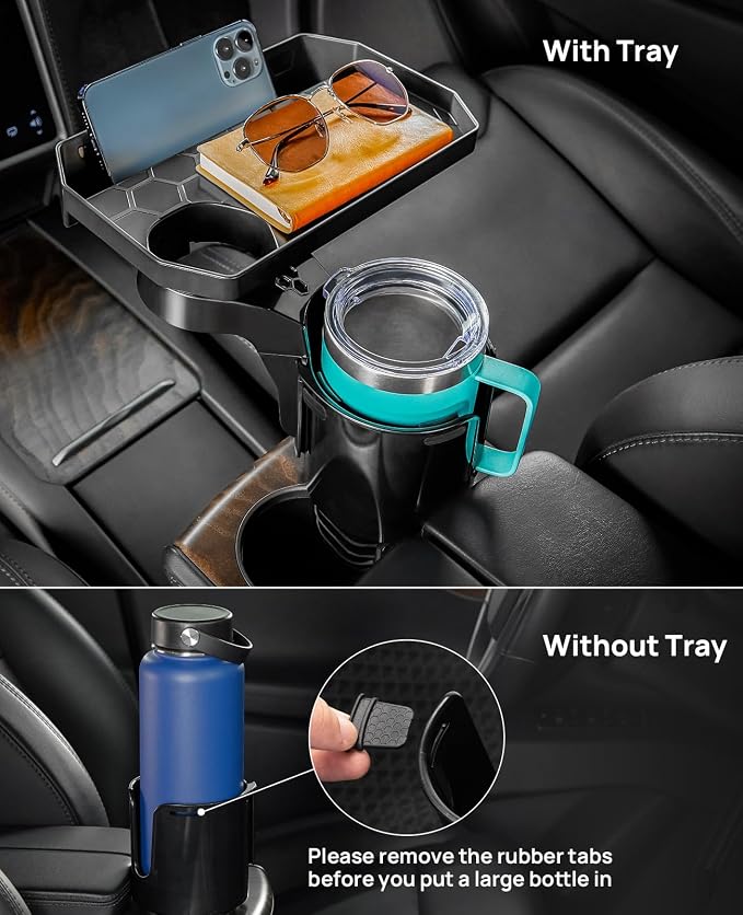 2 Pack Cup Holder Tray for Car, Car Cup Holder Expander with 360°Rotation Tray, Large Cup Drink Holder Fit for Yeti/Hydro Flask, Detachable Food Tray Table, Road Trip Essentials