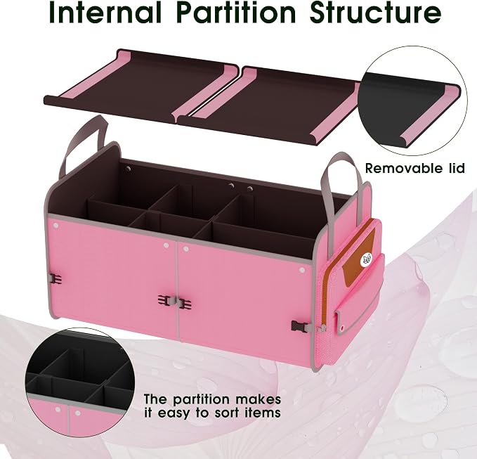 Car Trunk Organizer for SUV, 70L Heavy Duty Waterproof Trunk Organizer, Foldable Vehicle Organizer with Anti-Slip Base, 24”x13.8”x11.8”, Pink-M003