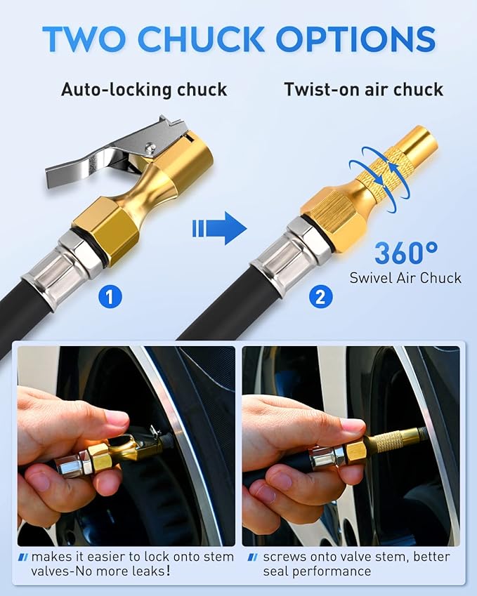 50057A Digital Tire Inflator Deflator with Pressure Gauge 250 PSI Air Chuck and Compressor Accessories with Rubber Hose and Quick Connect Coupler for 0.1 Display Resolution