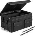 Car Trunk Organizer with Lid, Collapsible Car Storage Organizer with Reinforced Leather Handles, Non-Slip Bottom, Trunk Organizer for SUV, Van, Jeep (Black with Strap, Extra Large)