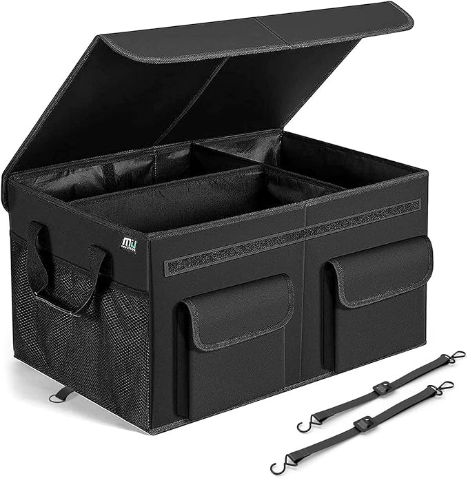 Car Trunk Organizer with Lid, Collapsible Car Storage Organizer with Reinforced Leather Handles, Non-Slip Bottom, Trunk Organizer for SUV, Van, Jeep (Black with Strap, Extra Large)