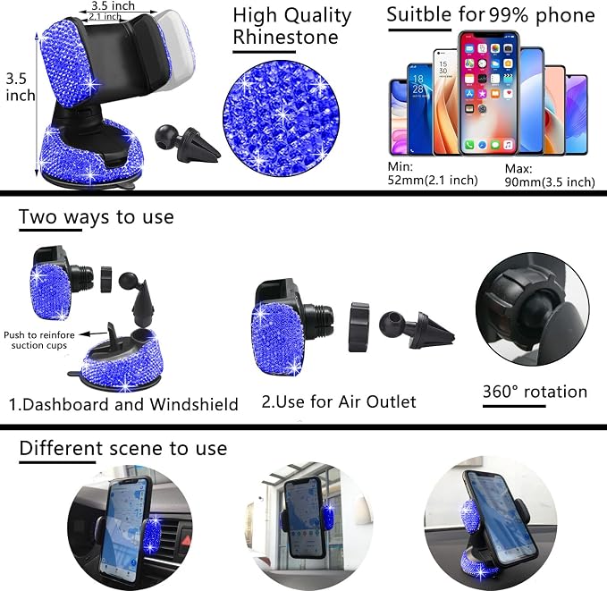 27 PCs Blue Bling Car Accessories Set for Women, Steering Wheel Covers Universal Fit 15 Inch, Bling License Plate Frame, Bling Phone Holder, Bling Car Coasters (Blue Diamond)