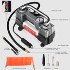 12V Heavy Duty Tire Inflator Metal Portable Air Compressor Pump | 6X Faster Inflation Double Cylinders 150PSI Air Pump with Adapter for Car, RV,Pickup Truck, SUV, Van,Camper, Air Bed,Ball