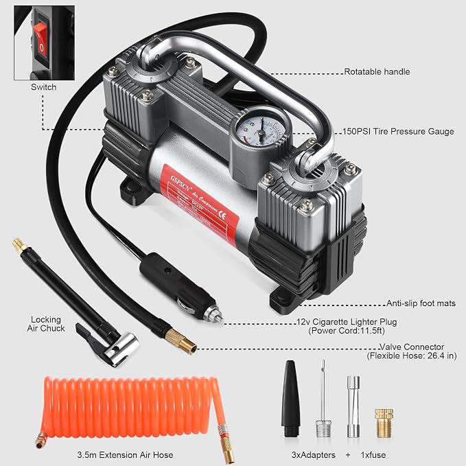 12V Heavy Duty Tire Inflator Metal Portable Air Compressor Pump | 6X Faster Inflation Double Cylinders 150PSI Air Pump with Adapter for Car, RV,Pickup Truck, SUV, Van,Camper, Air Bed,Ball
