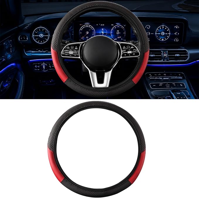 Car Steering Wheel Cover, 15 inch Carbon Fiber Microfiber Anti-Slip Breathable PU Leather Elastic Steering Wheel Protector, Car Interior Accessories for Most Cars (AD-red)