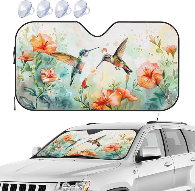 Windshield Sun Shade Hummingbird Flower Watercolor Front Window Sunshade Cover for Car Truck SUV Blocks UV Rays Automotive Visor Interior Protector 55 x 30 inch